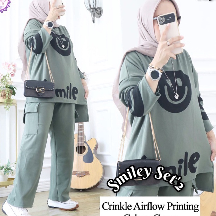 TEBUS MURAH SMILE SET CELANA CARGO CRINKLE PRINTING LD 11  SETELAN SMILE  ONE SET SMILE  SETELAN KOM