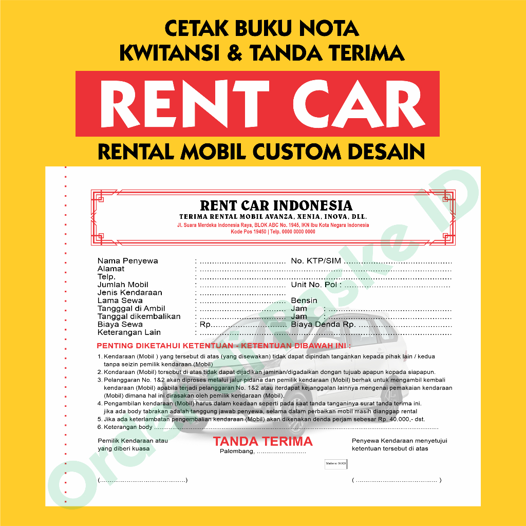 CETAK BUKU NOTA KWITANSI TANDA TERIMA RENTAL MOBIL USAHA SENDIRI BISA CUSTOM SESUAI REQUEST