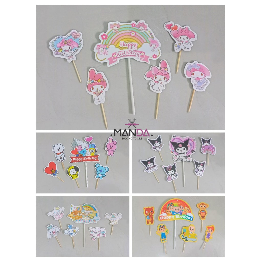 Topper Kertas Tusuk Kertas Hiasan Kue Tart Puding Karakter Dino Kartun My Melody Sanrio Kuromi Cinna