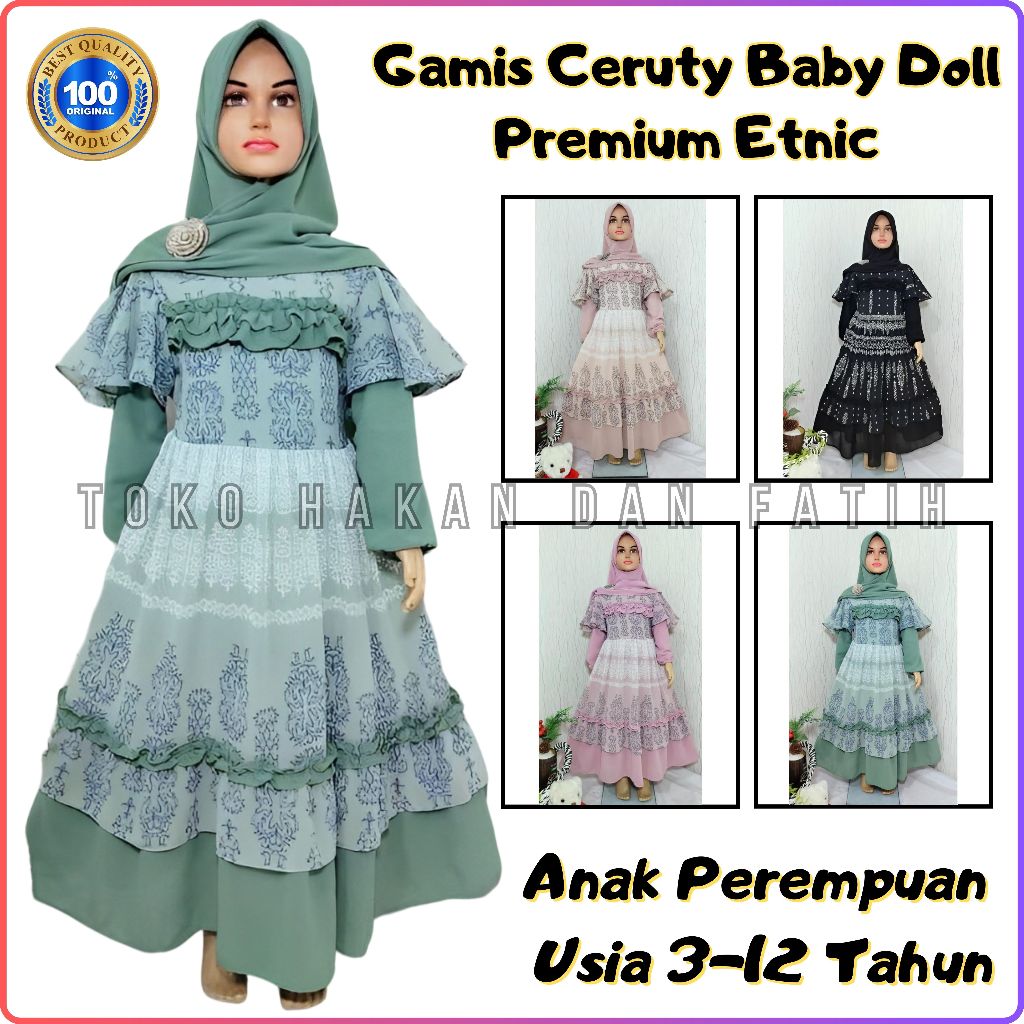 Terbaru  Gamis Ceruty Baby Doll Etnic Model Viral Anak Perempuan Usia 3-12 Tahun | Pakaian Premium A