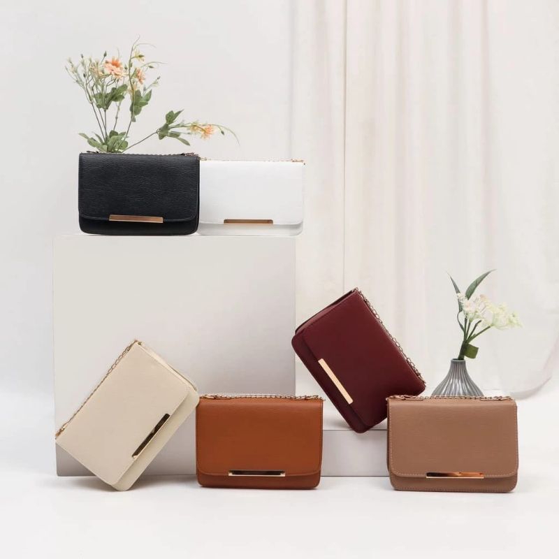 Tas Selempang Wanita BIANCA Sling Bag Simple Polos Tali Rantai Kulit Sintetis Miniso Urat TAS SLINGB