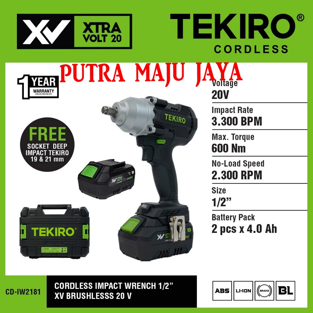 MESIN BOR CORDLESS IMPACT WRENCH 1/2" XV BRUSHLESS 20 VOLT TEKIRO