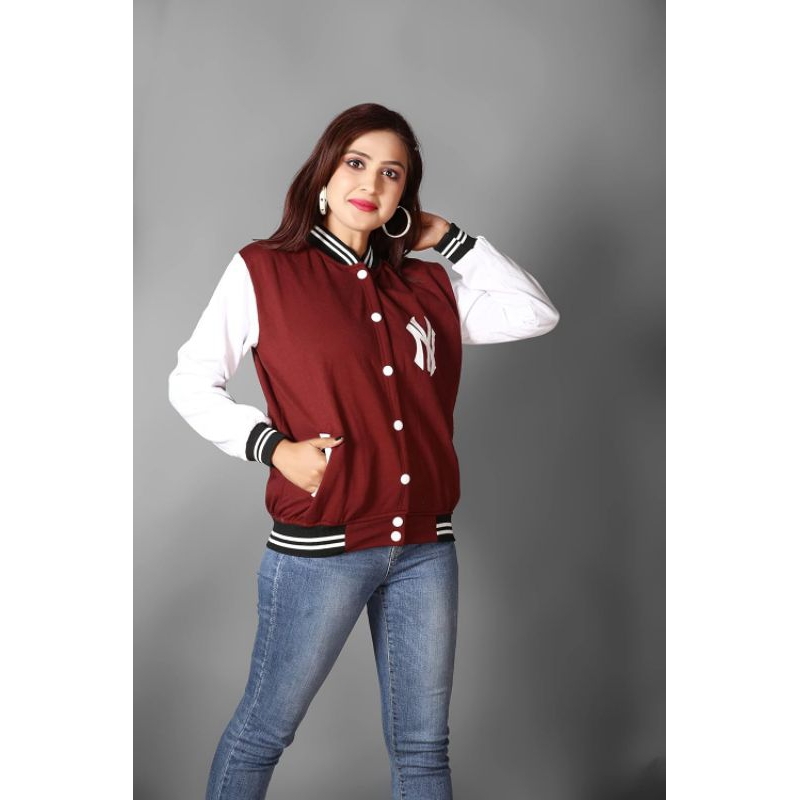 JAKET VARSITY KOREAN STYLE WARNA MAROON JAKET CEWEK VINTAGE JUMBO
