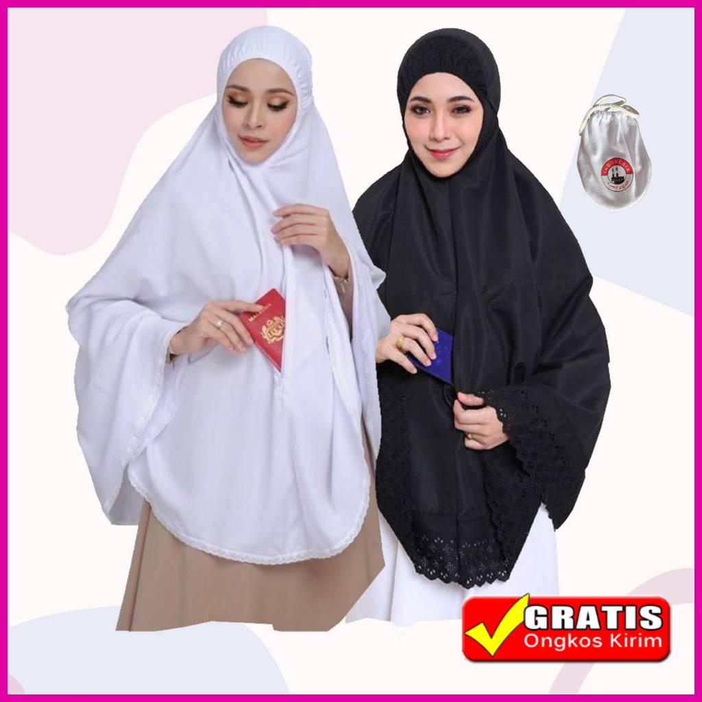 Bergo Umroh Haji Bersaku Anti Copet Bergo Umrah Premium Renda Besar dan Kecil Kerudung Umroh Instan 