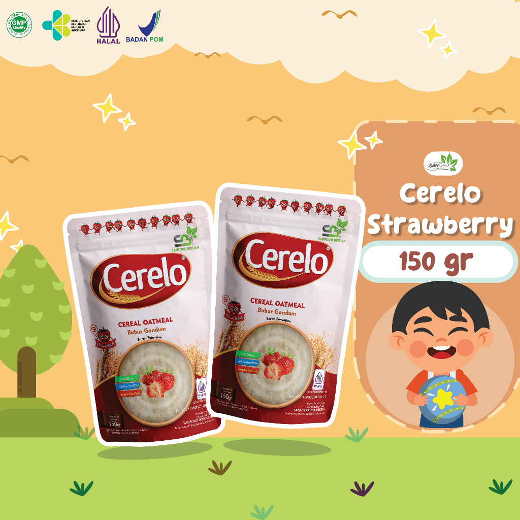 

SANFOOD BRILIAN Cerelo Strawberry Oatmeal Enak Bergizi Cocok Untuk Semua Usia 150gr