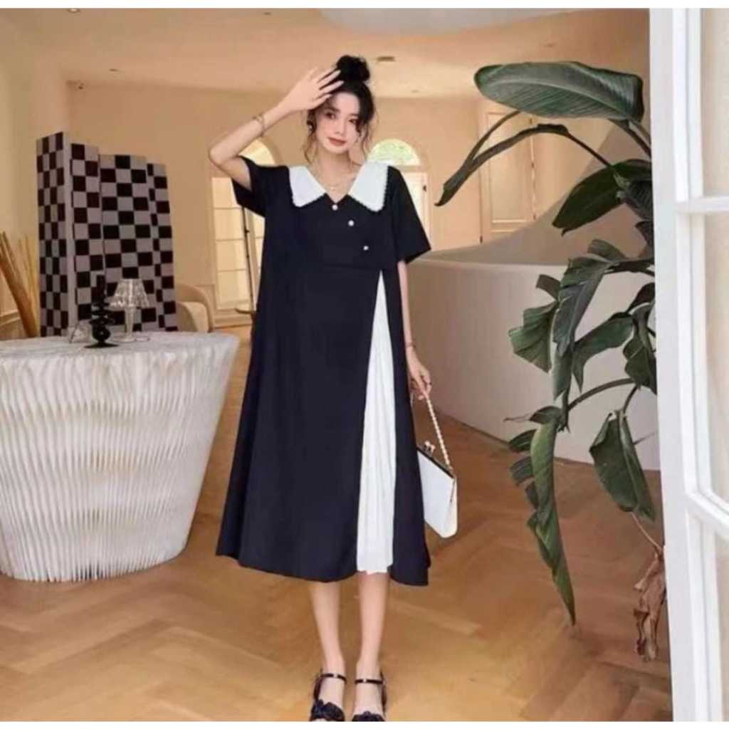 Marnovahome - Dress Wanita Lengan Pendek Bahan Satin Silk - Hitam