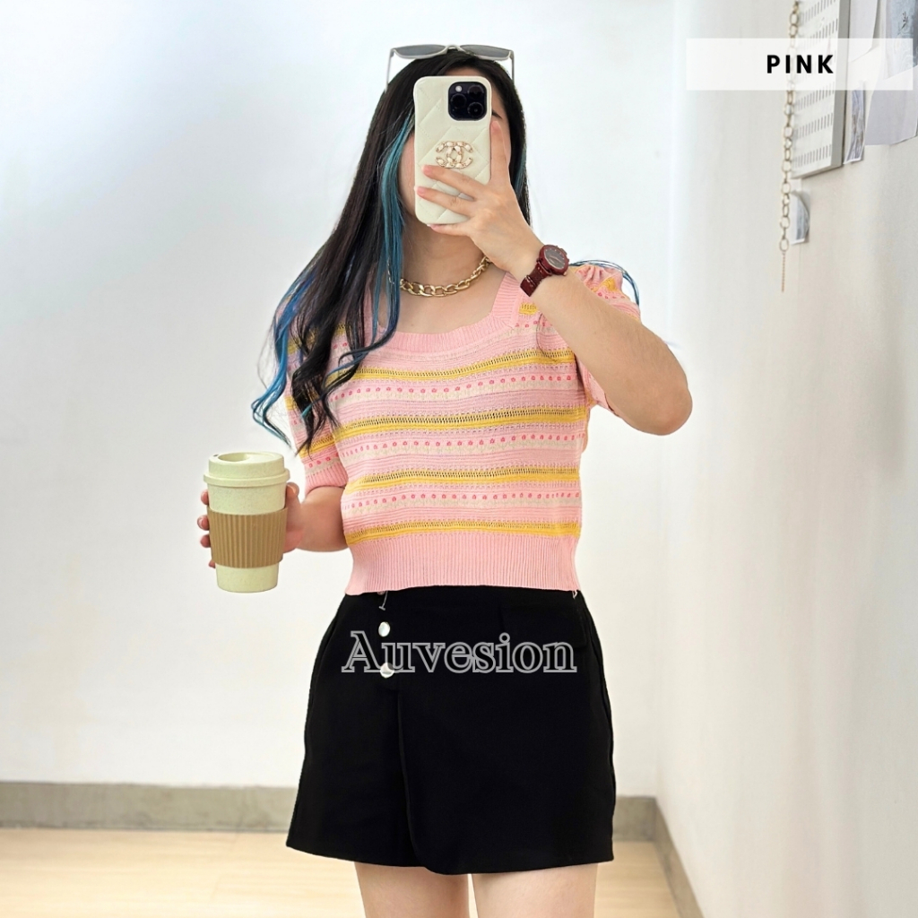 AUVESION Femmi Flower Square Neck Knit Crop Top 6142 | Blouse Atasan Wanita Rajut