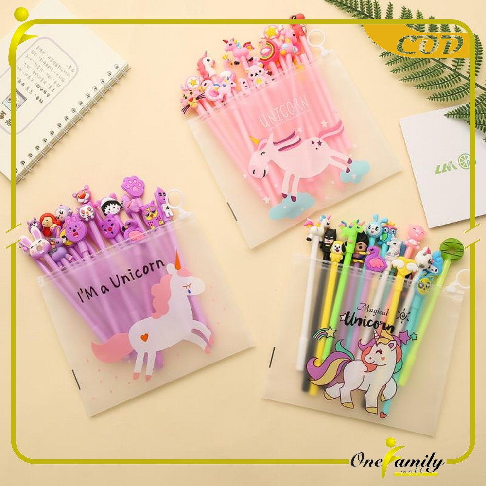 

ONE-A15 Pulpen Gel Karakter Lucu Set Isi 20PCS Pena FREE Zipper Pouch Tempat Pensil Transparan Murah