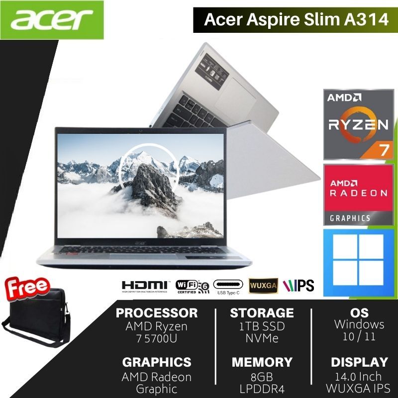 ACER LAPTOP ASPIRE A314-42P-R8PQ 14" WUXGA RYZEN 7 5700U RAM 8GB STORAGE 1TB SSD AMD GRAPHICS