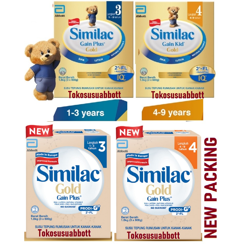 Malaysia 1.8kg Susu Abbott Similac Gold 2FL 2 FL Similac Gain Plus Gain Kid Step 3 4 Formula Anak 1-