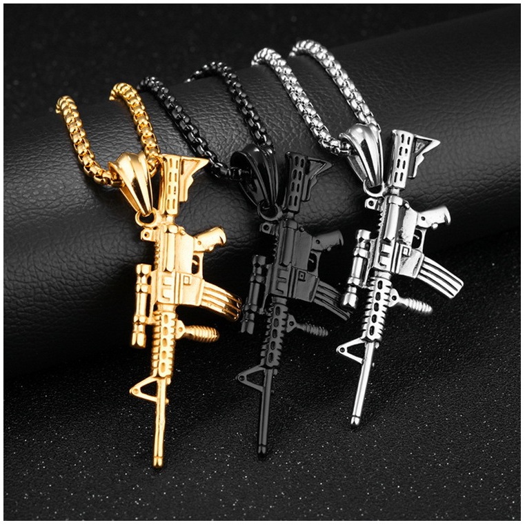 Kalung Liontin AK47 / Kalung Rantai Pria Motif Mainan Senjata Hitam Silver Gold Unik Keren Fashionab