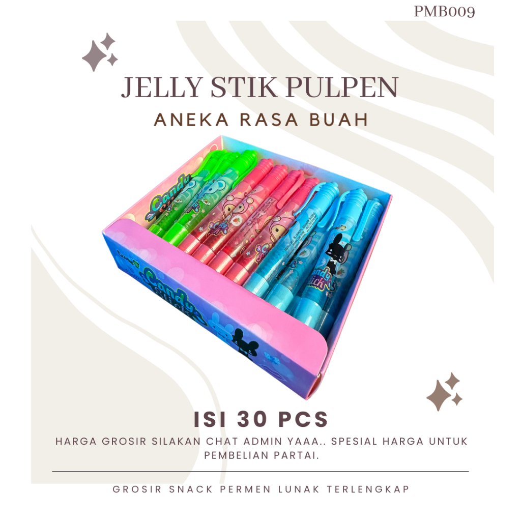 

Jelly Stik Bentuk Pulpen Permen Lunak Isi 30 Pcs Per Box