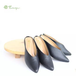 Sepatu Kerja Wanita Pantofel Heels 7cm Kulit Sintetis Hitam