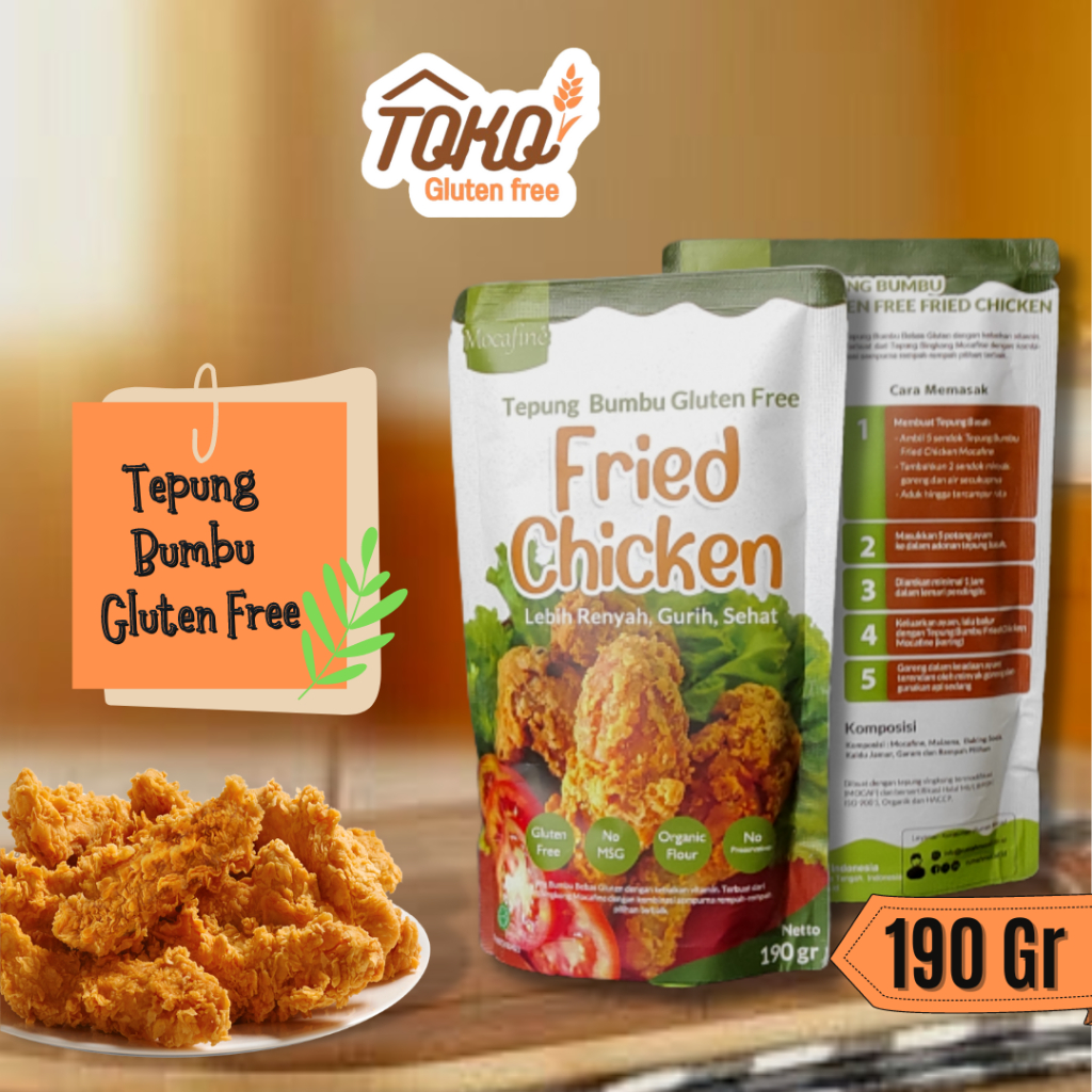 

Gluten Free Tepung Bumbu Serbaguna Mocafine Fried Chicken Crispy Sehat Special Needs No MSG 190 gr