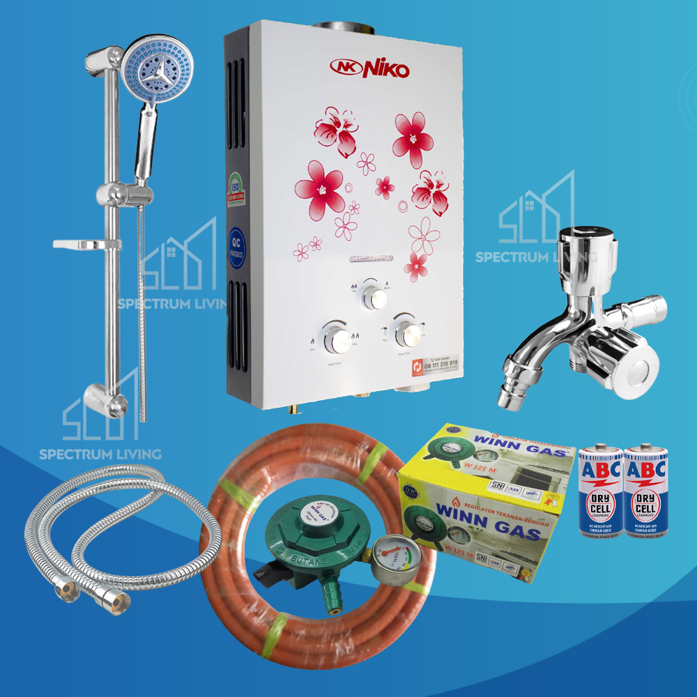 [COD] Water Heater Pemanas Air Kamar Mandi Gas Niko Lengkap Putih Set Tiang Shower