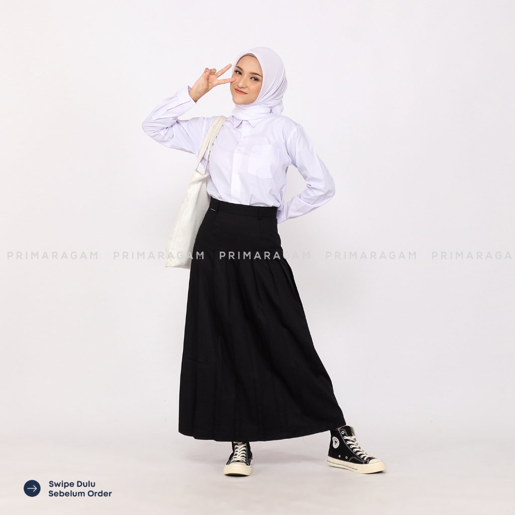 Primaragam Rok Sekolah Smp Sma Hitam Panjang Rempel Lipit Bawah Pinggang Pinggul Baping