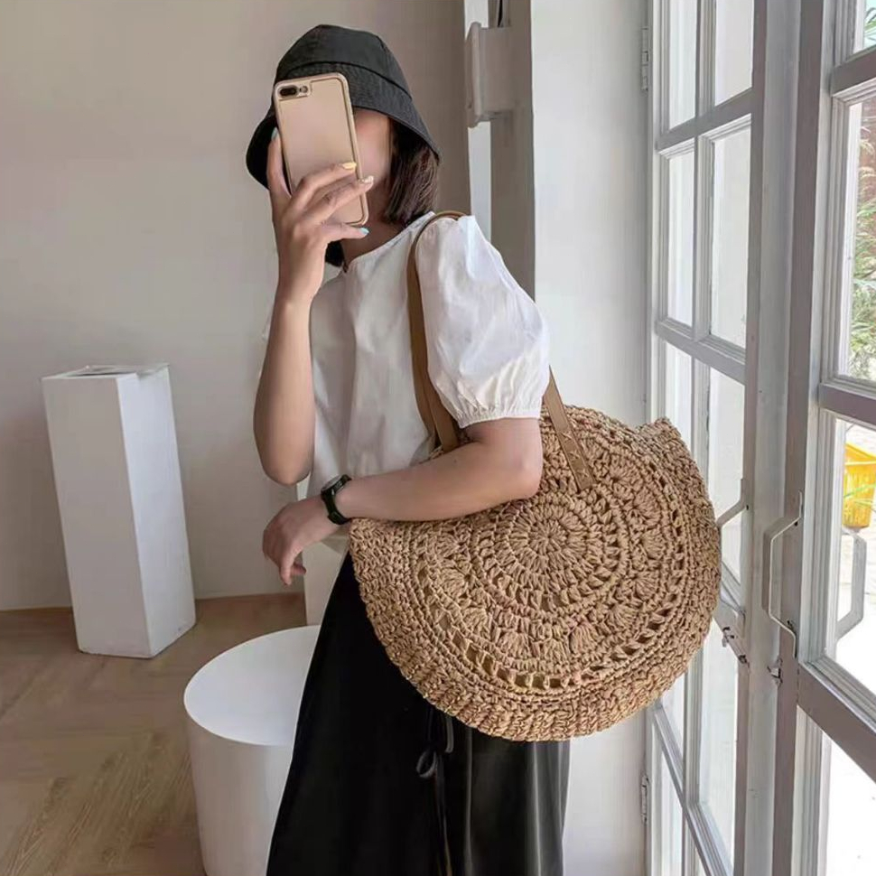 NEW CODIns Style Holiday Bag New Korean Style 2024 Beach Wicker Bag Round Bag Hollow Bag Beige Bag