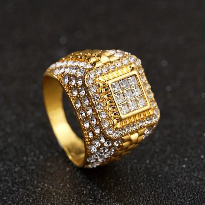 Cincin Full Diamond / Aksesoris Cincin Pria Gold Batu Putih Mewah Elegan / Gold Signet Synthetic Rhi