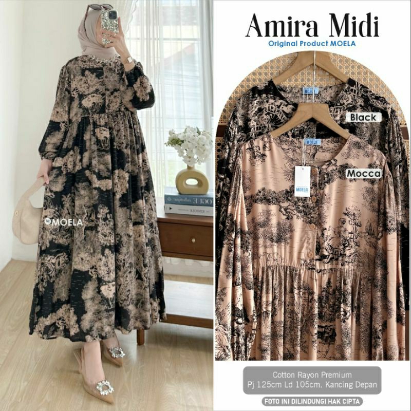 MOELA Amira Midi motif rayon viscose gamis midi ld 110 pb 125 dress midi busui friendly ori by Moela