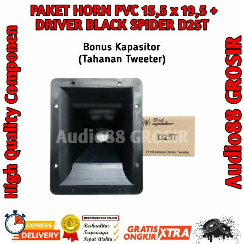 PAKET HORN TWEETER PLASTIK 15.5X19.5 CM + DRIVER TWEETER BLACK SPIDER D 25 T