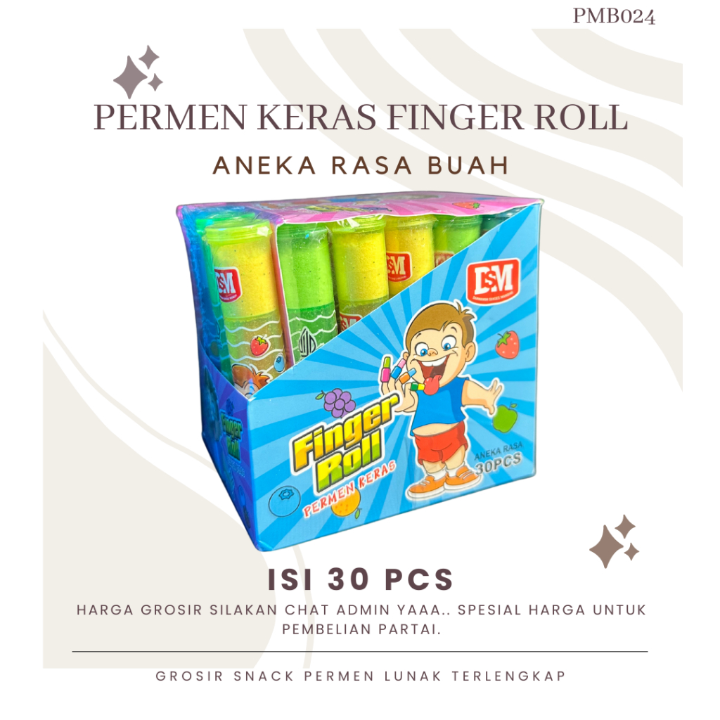 

Permen Finger Roll isi 30 Pcs 1 Box Permen Lunak Import Viral Candi Finger Roll Snack Lebaran