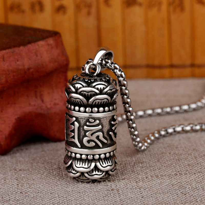 Kalung Kapsul Teratai Bisa Dibuka / Kalung Liontin Tabung Motif Six Character Om Mani Padme Hum Vajr