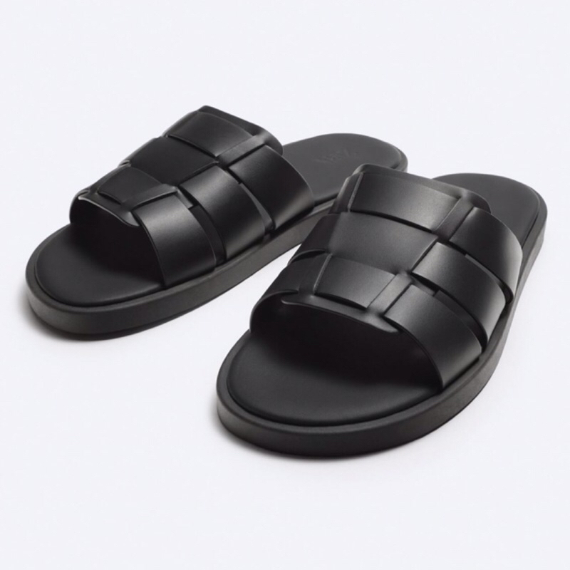 ZARA Men Sandal Woven Leather Slides Sendal Pria Black