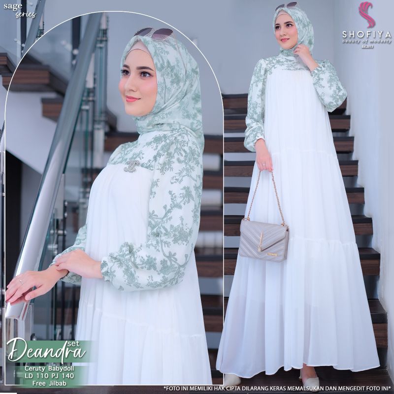 DEANDRA SET//GAMIS SET HIJAB//GAMIS PUTIH SET//DRESS PUTIH SET//GAMIS WANITA  SET HIJAB_/GAMIS SET J