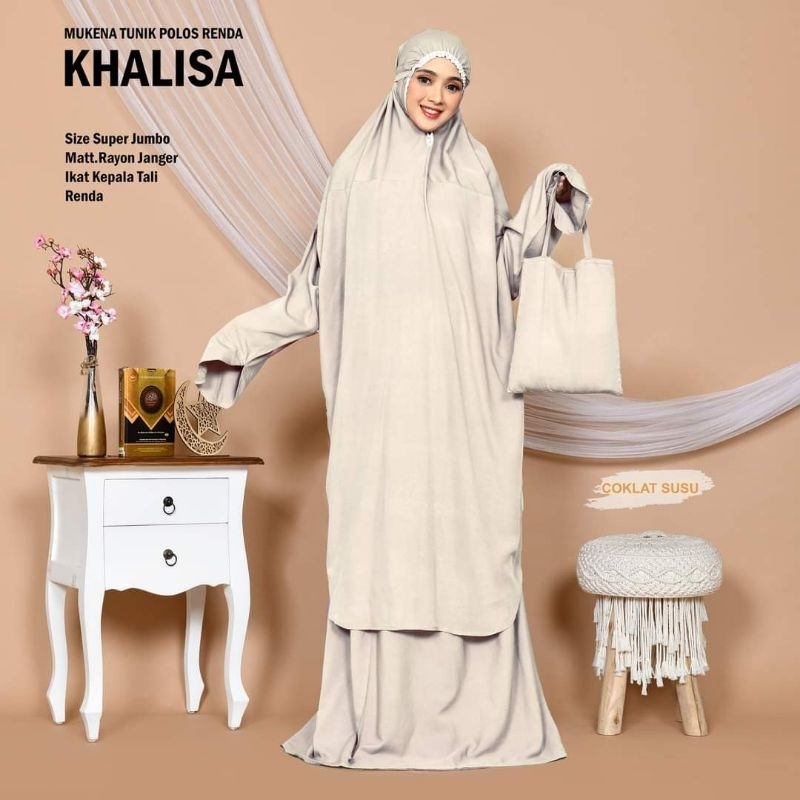 Mukena Bali Tunik Berlengan Khalisa Polos Renda Super Jumbo (atas bawah/putusan)