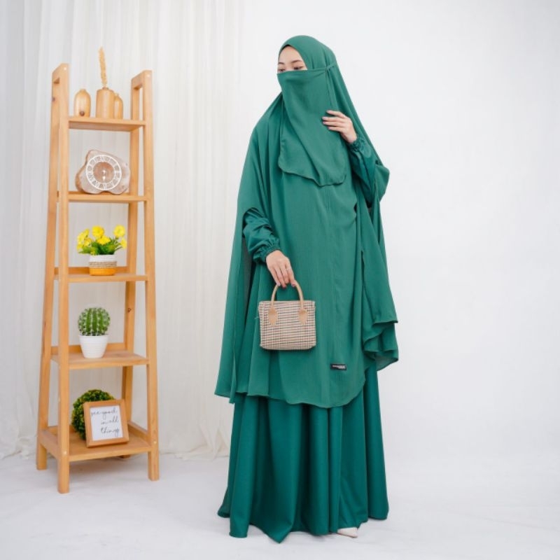 Gamis Syar'i Set Hafshah Setelan Khimar Belah Samping Jumbo Syari