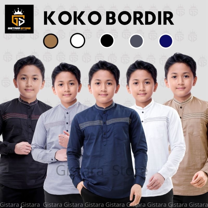BAJU ATASAN KEMEJA KOKO ANAK BORDIR LENGAN PANJANG UMUR 5 SAMPAI 14 TAHUN TERBARU WARNA HITAM PUTIH 