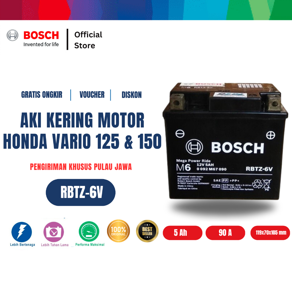 Aki Kering Motor Honda Vario 125 (2012) dan Vario 150 (2015) - Maintenance Free - RBTZ-6V