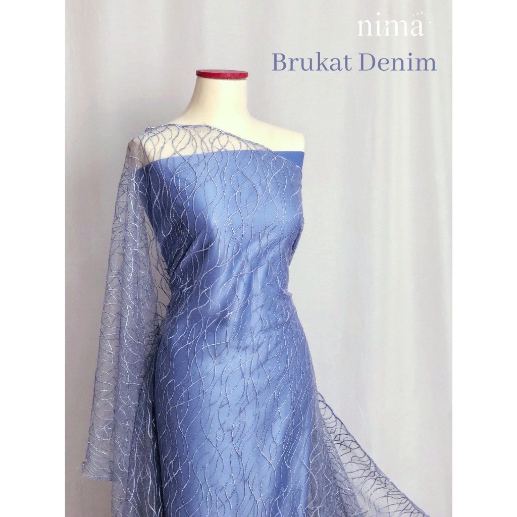1/2 meter Kain Brokat Bahan Kebaya Motif Akar Bunga Floral / Denim
