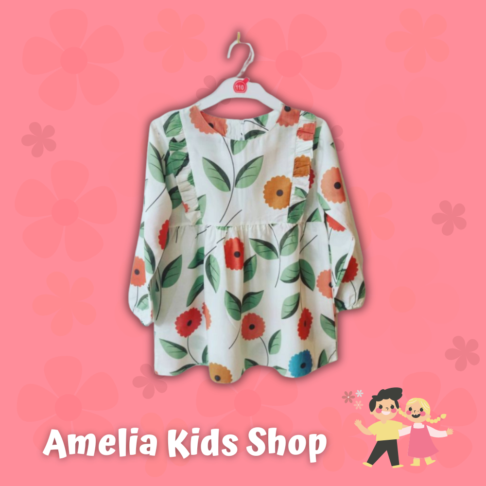 Baju Atasan Tunik Blouse Anak Perempuan Model Ruffle Balon Long Lengan Panjang Dikirim RANDOM 8-12 T