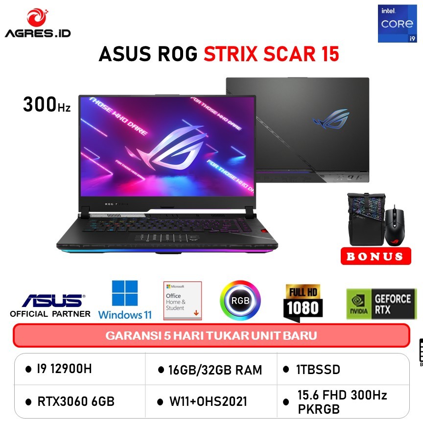 ASUS ROG STRIX SCAR 15 G533ZM I9 12900H RTX3060 6GB/ 32GB 1TB W11+OHS 15.6FHD 300HZ PKRGB (BOX MOU+C