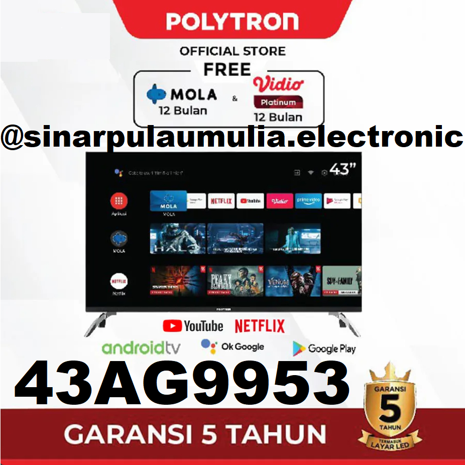Polytron LED TV 43 Inch Smart TV Android FHD - PLD 43AG9953 / PLD 43 AG 9953 / PLD43AG9953 / PLD43AG