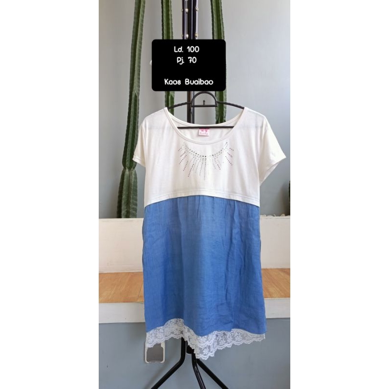 Atasan Wanita Bahan Kaos Warna Putih Kombinasi Biru