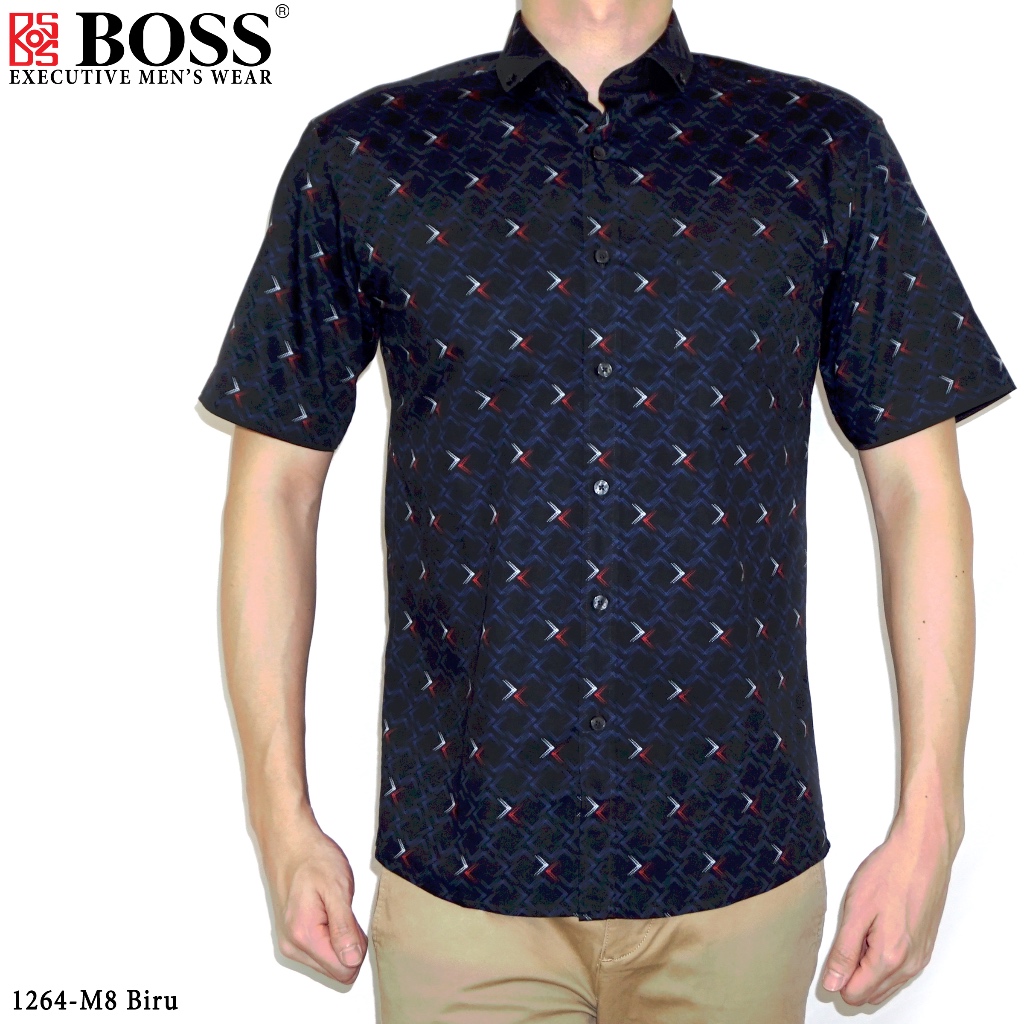 BOSS Kemeja Motif Pria Lengan Pendek Slim Fit 1264 Biru Navy Hitam
