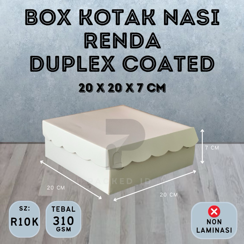 Box Kotak Nasi (R10K) Renda Duplex Coated Mengkilap Putih Polos ukuran 20x20x7 cm Ketebalan 310gsm |