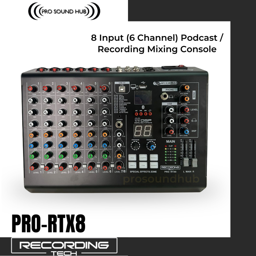 Recording Tech PRO-RTX8 Mixer 6 Channel 8 Input Soundcard USB Audio Interface Podcast Recording Bluetooth MP3 PRORTX8