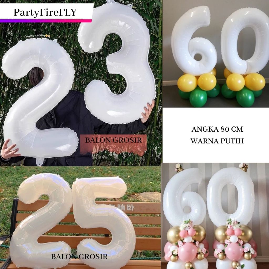 Balon Foil Angka warna Putih Jumbo Ukuran 80 cm 32 Inch 0-9/Balon Angka Ulang Tahun/Balon Pesta Warn