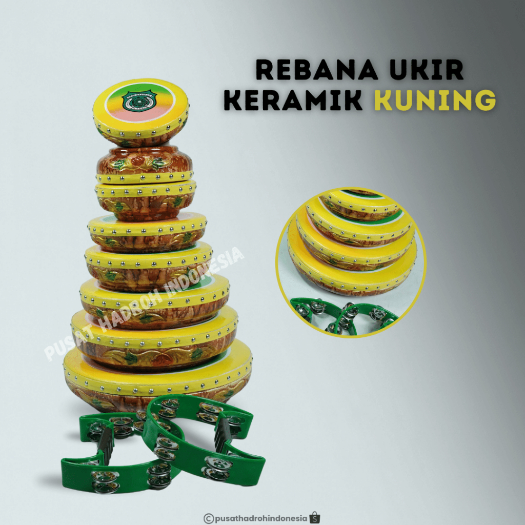 Rebana Qasidah Ukir Motif Keramik Kuning 1 Set Isi 10 Rebana Hadroh Banjari Terbangan Lasqi Fullset 