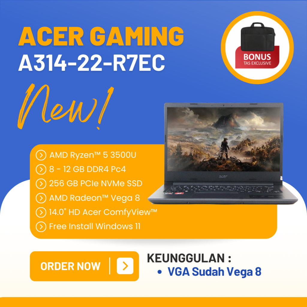 ACER ASPIRE 3 SLIM A314-22-R7EC [14"HD/AMD RYZEN5-3500U/12GB/SSD 256GB/WINDOWS 10+OFFICE/BLACK] - TEKNO KITA