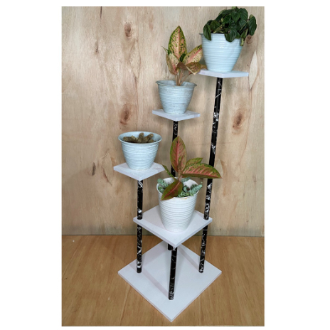 RAK POT BUNGA HIAS MINIMALIS  SUSUN LANTAI TINGKAT 4 BESAR KOTAK PUTIH MARMER HITAM