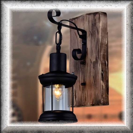 Lampu hias dinding besi kayu kaca cafe resto vintage RUSTIC RETRO WOOD klasik elegan light living di