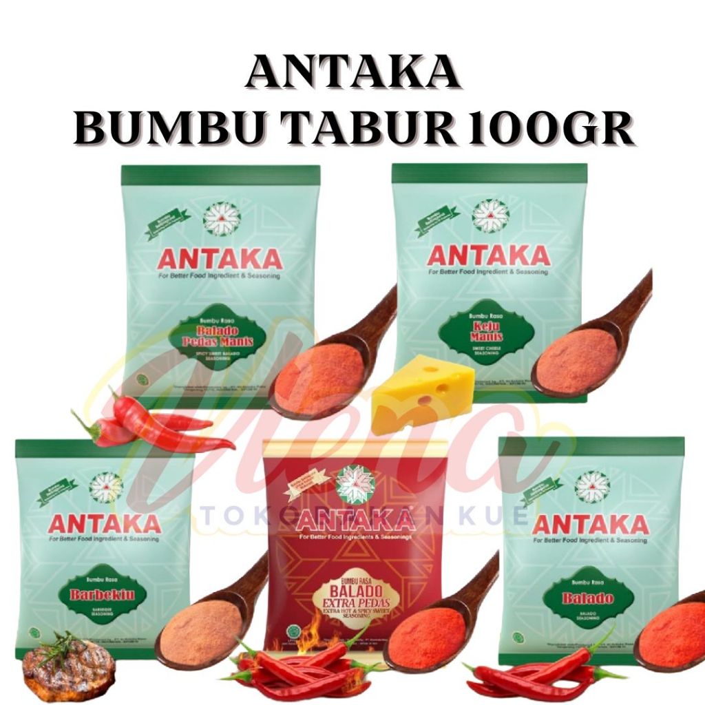 

Antaka Bumbu Tabur 100gr Balado / Balado Extra Pedas / Balado Pedas Manis / Barbaque / Keju Manis / Jagung Manis / Antaka Penambah Rasa / Antaka Bubuk Tabur