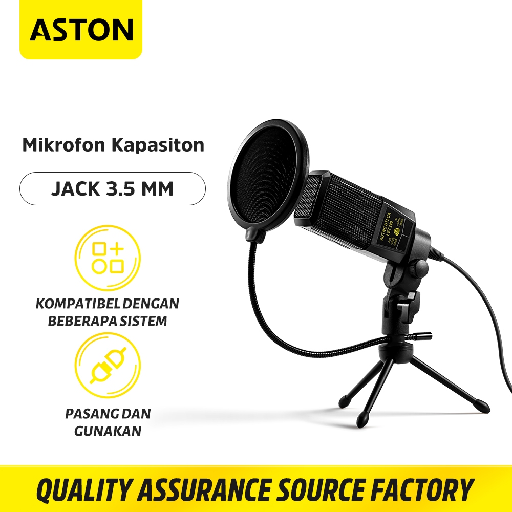 (HOT)ASTON Mic Microphone Condenser Konten Kreator AT-US19 Black With Tripod Stand Pop Filter Asli