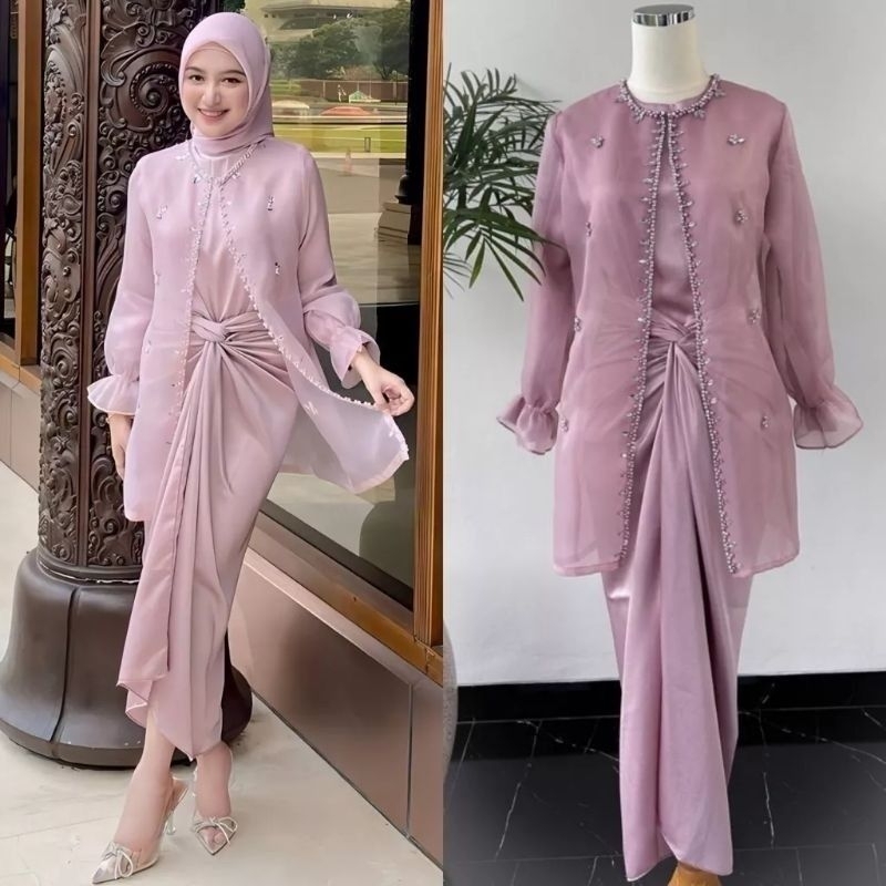 [ Ready Jumbo ] Oneset Jemma Organza Wanita Kekinian | Setelan Kondangan Kekinian Rok Lilit Bahan Ma