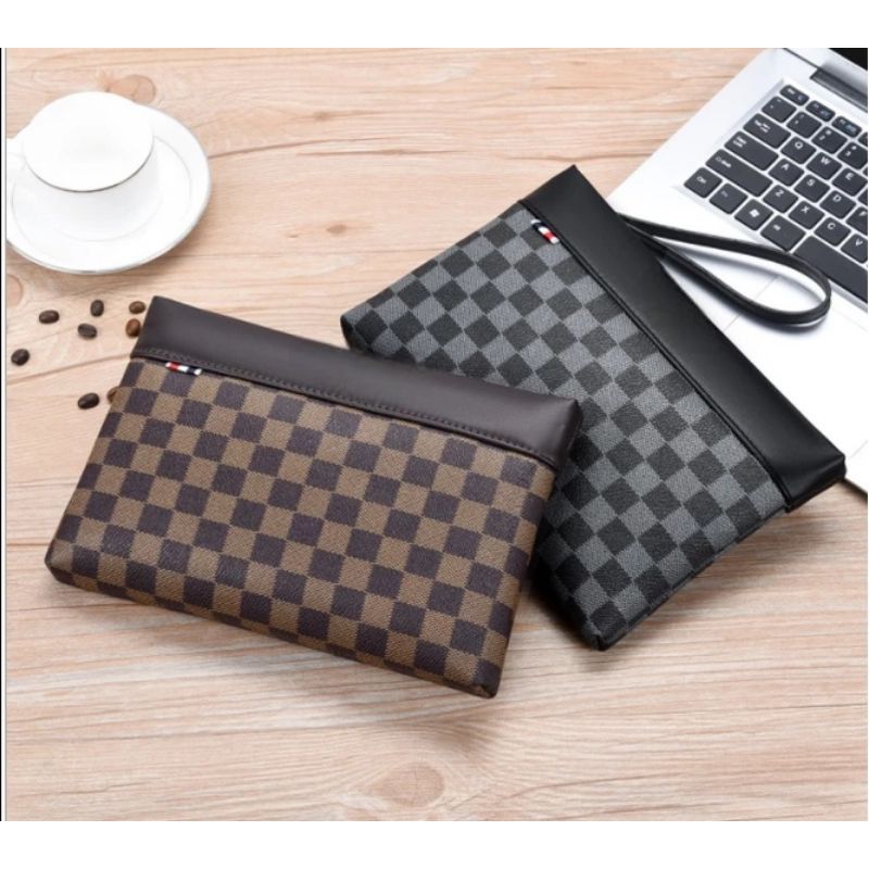 SUPER DEAL` HANDBAG PU LEATHER NETHERLAND RIBBON MOTIF KOTAK-KOTAK / COKLAT / CLUTCH BAG TAS TANGAN