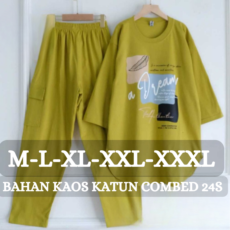One  Set Cargo Wanita Alice Set BO Size M L XL XXL XXXL LD 100-130 CM Bahan Kaos Katun Combed 24s Ap